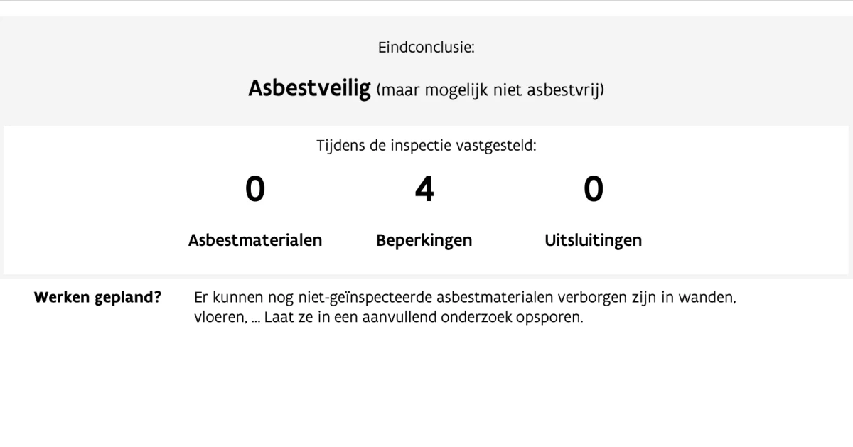 Geredigeerd asbestattestfragment met eindconclusie, beperkingen en uitsluitingen