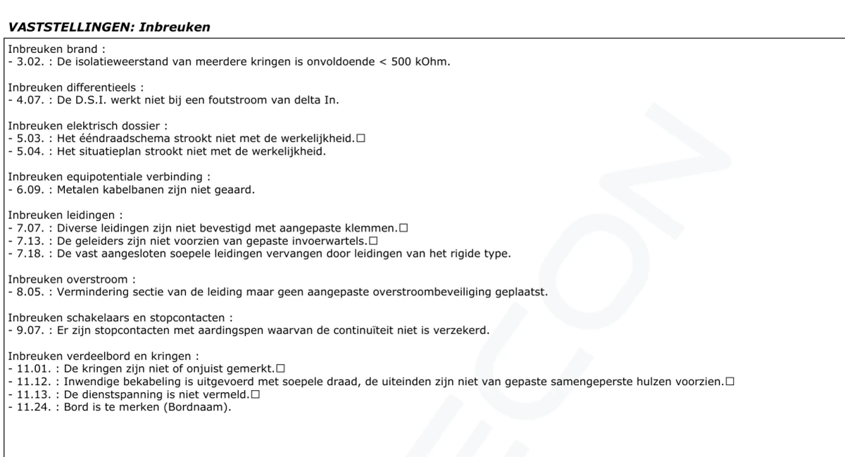 Geredigeerd fragment van een niet-conform verslag van een elektriciteitskeuring met vaststellingen